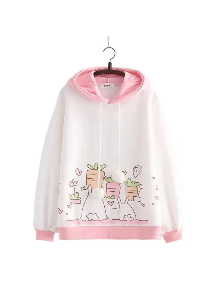 Kawaii Women Hoodies Winter Long Sleeve Drawstring Fleece Hooded Sweatshirt Female Harajuku Rabbit Print Pullover Top