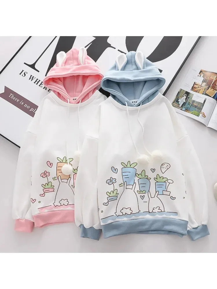 Kawaii Women Hoodies Winter Long Sleeve Drawstring Fleece Hooded Sweatshirt Female Harajuku Rabbit Print Pullover Top