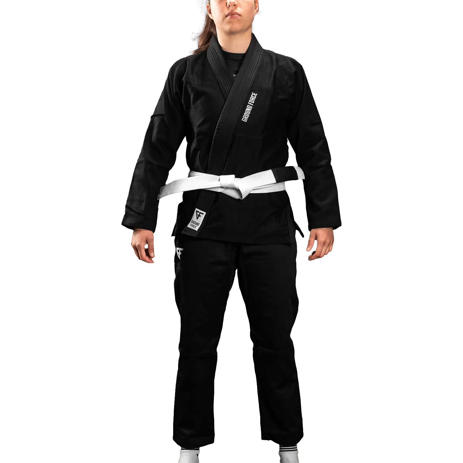 Kimono Femei Brazilian Jiu Jitsu GROUND FORCE Basic Gi V2 - Negru (Centura Alba Inclusa)