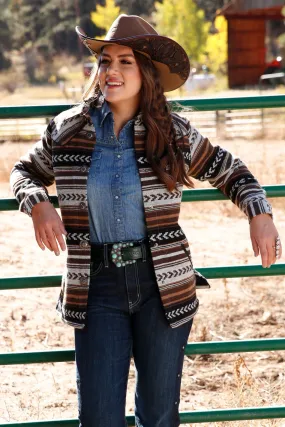 Ladies Cruel Girl Brown Multi Stripe Print Tweed Shirt Jacket with Concho Snaps