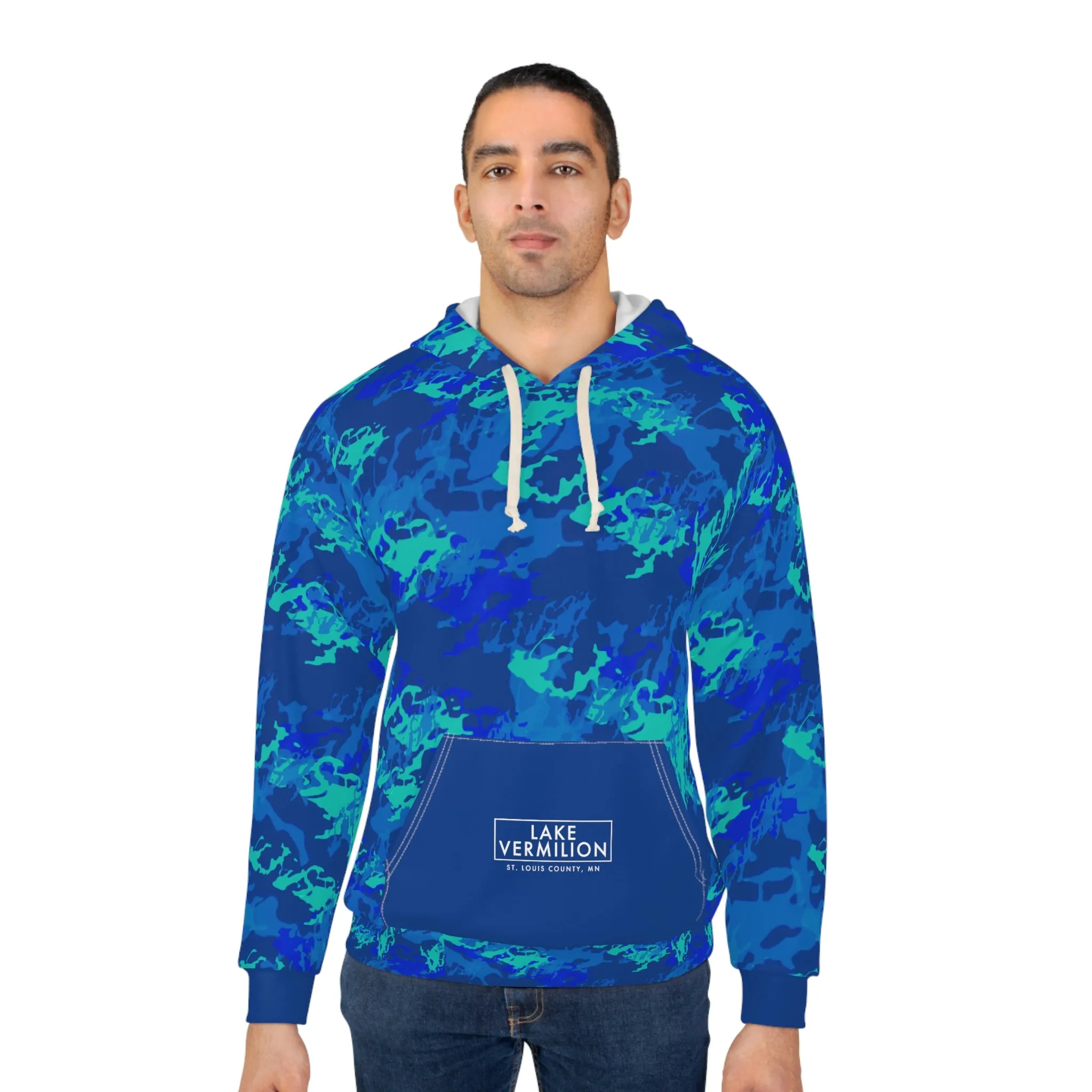 Lake Vermilion - MN - CUSTOM Vermilook® Blue Camo - Dark Blue Pocket - AOP Unisex Pullover Hoodie