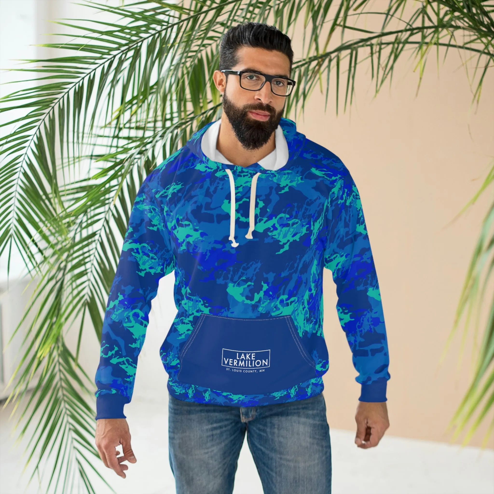 Lake Vermilion - MN - CUSTOM Vermilook® Blue Camo - Dark Blue Pocket - AOP Unisex Pullover Hoodie