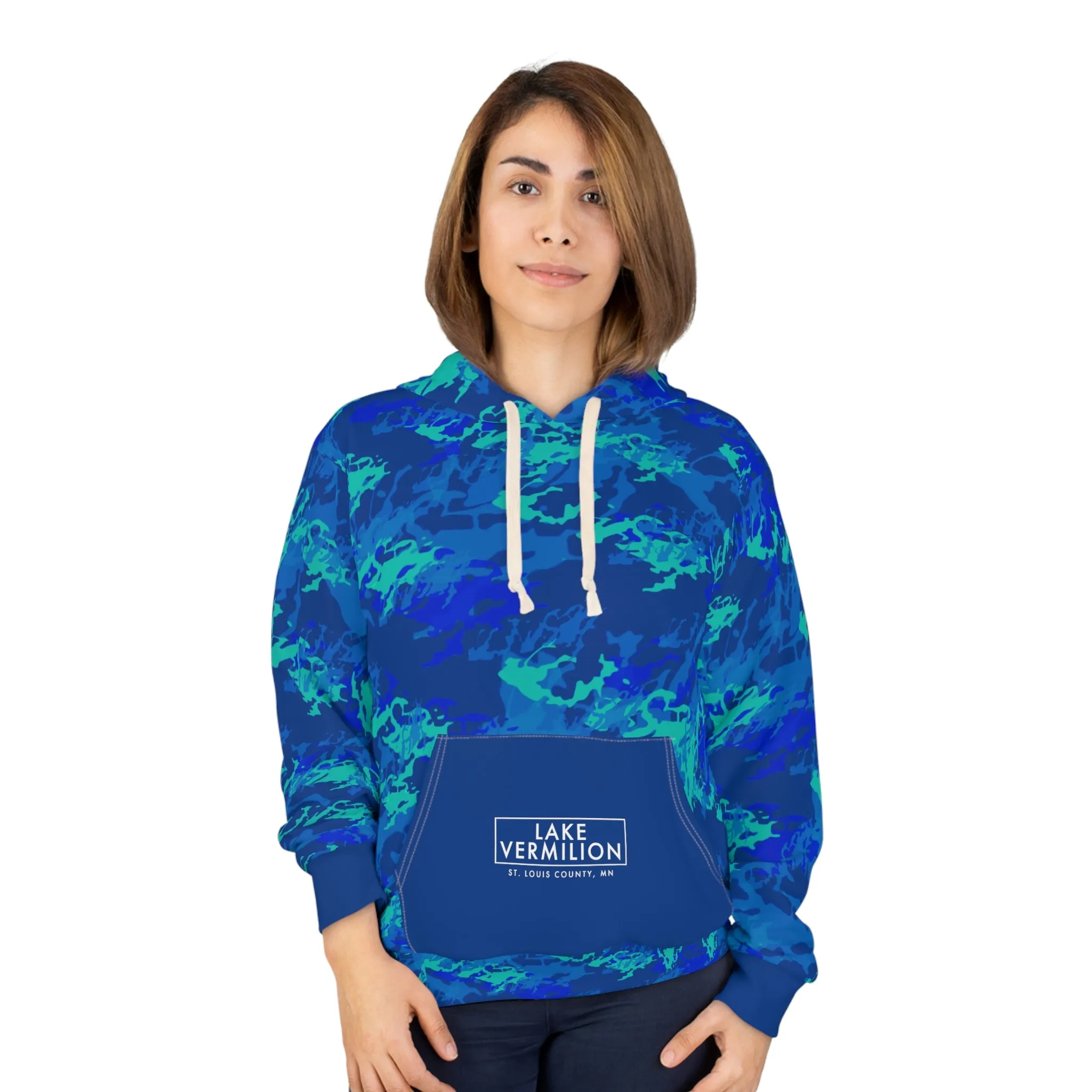 Lake Vermilion - MN - CUSTOM Vermilook® Blue Camo - Dark Blue Pocket - AOP Unisex Pullover Hoodie