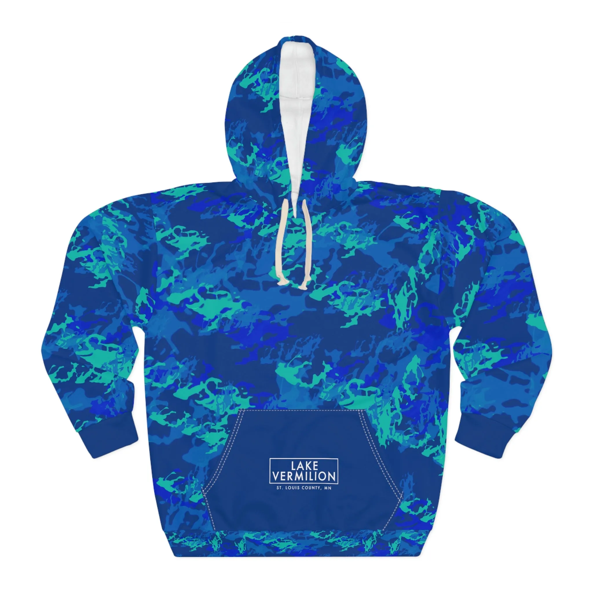 Lake Vermilion - MN - CUSTOM Vermilook® Blue Camo - Dark Blue Pocket - AOP Unisex Pullover Hoodie