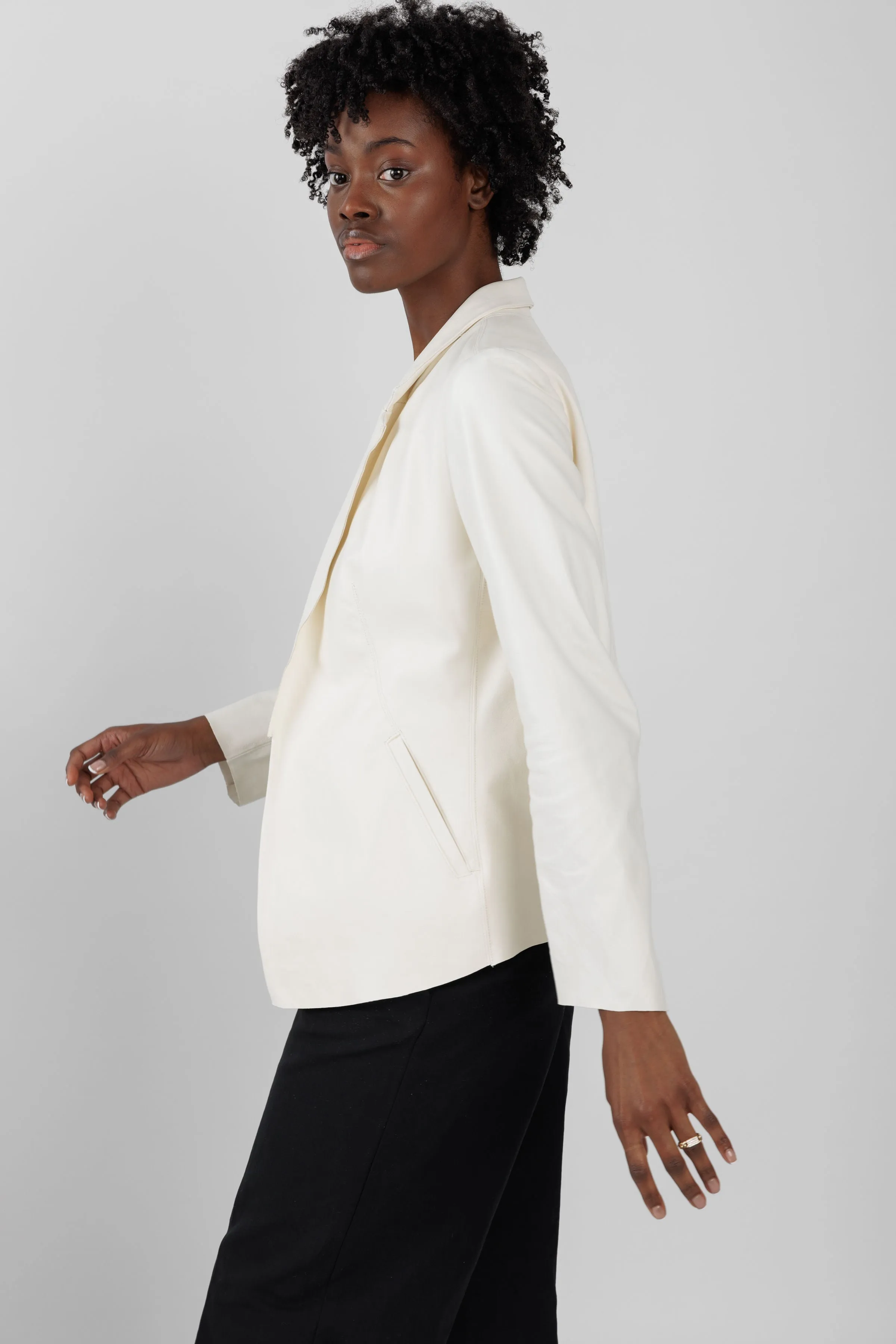 Leather Blazer Jacket in Off White