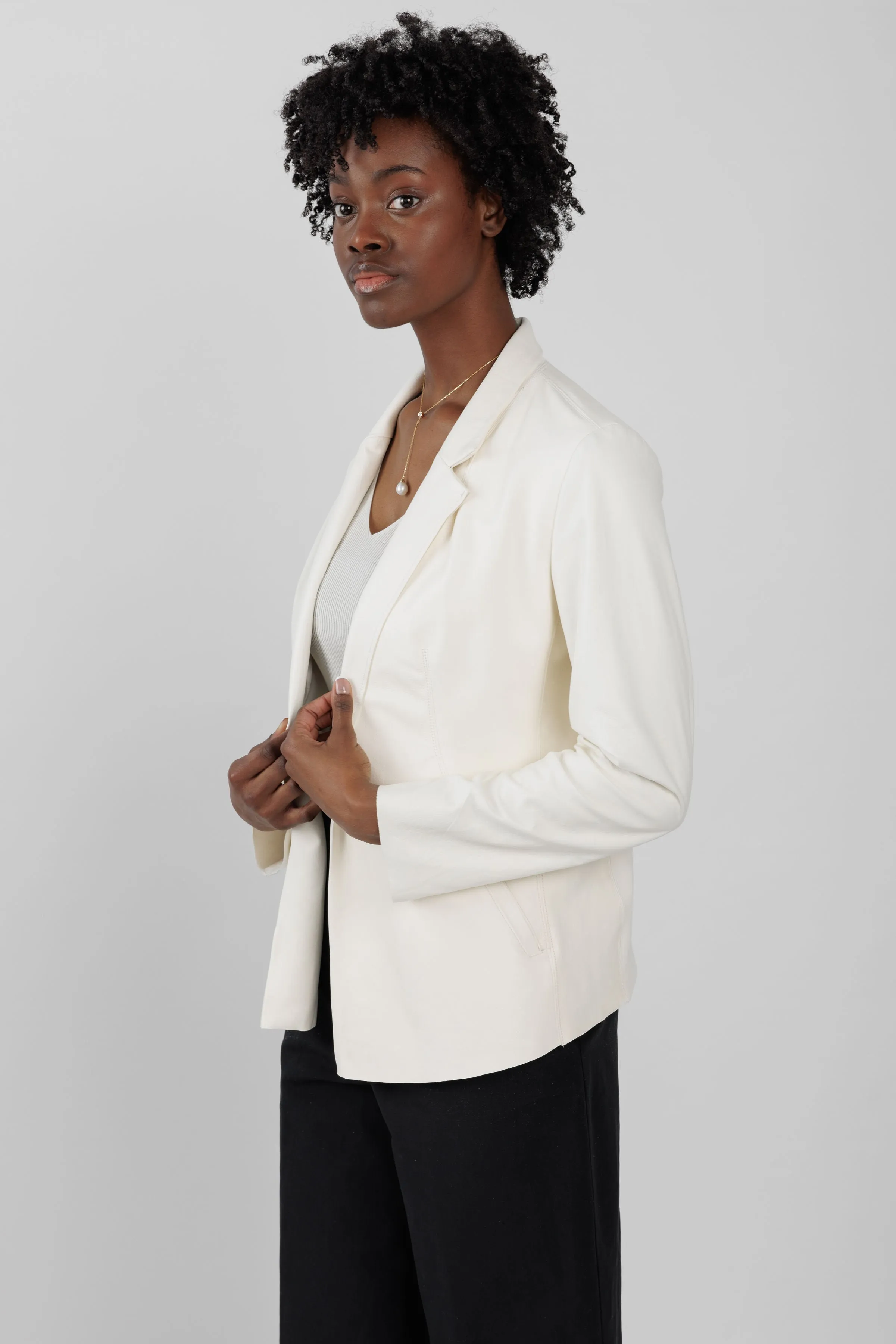 Leather Blazer Jacket in Off White