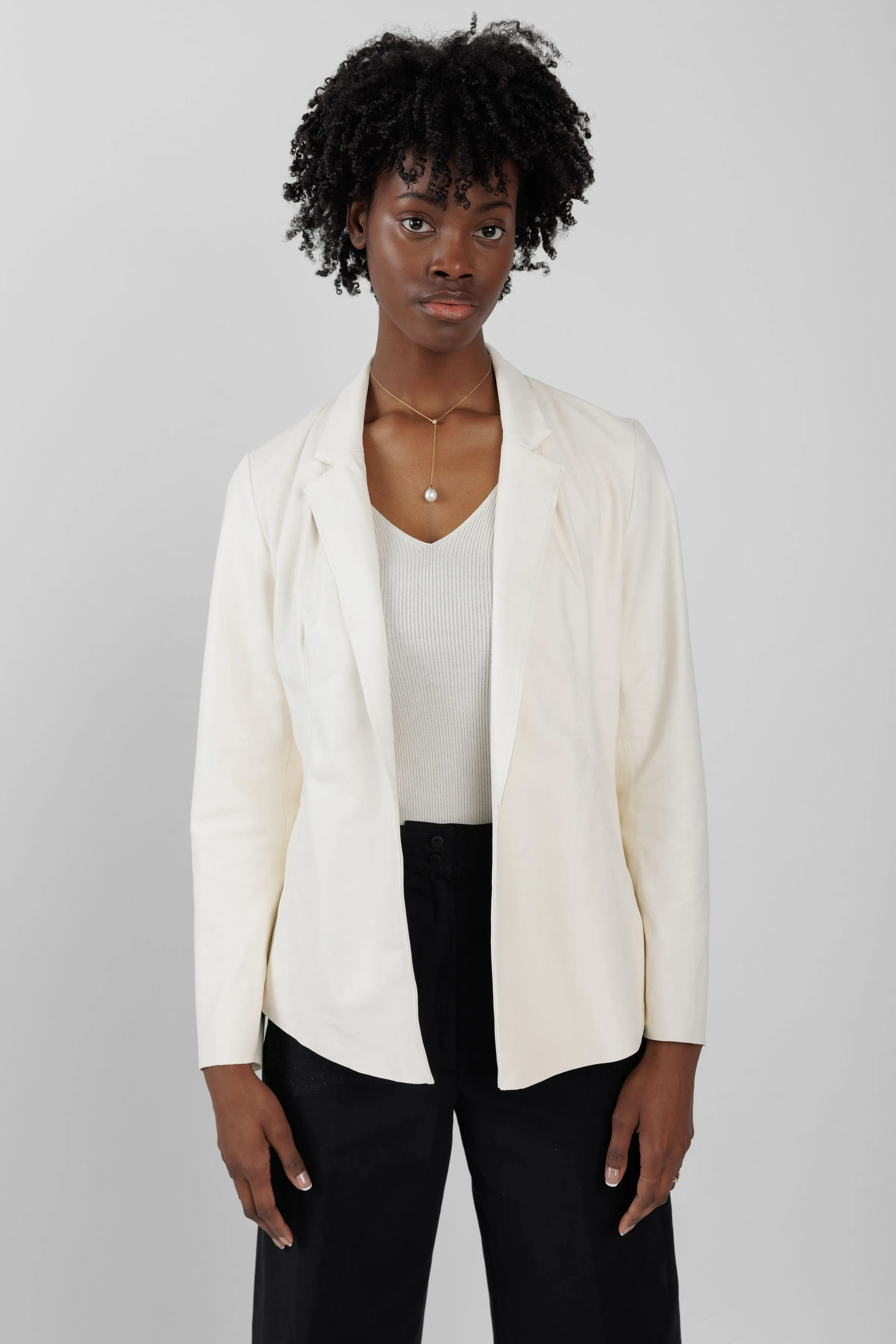 Leather Blazer Jacket in Off White