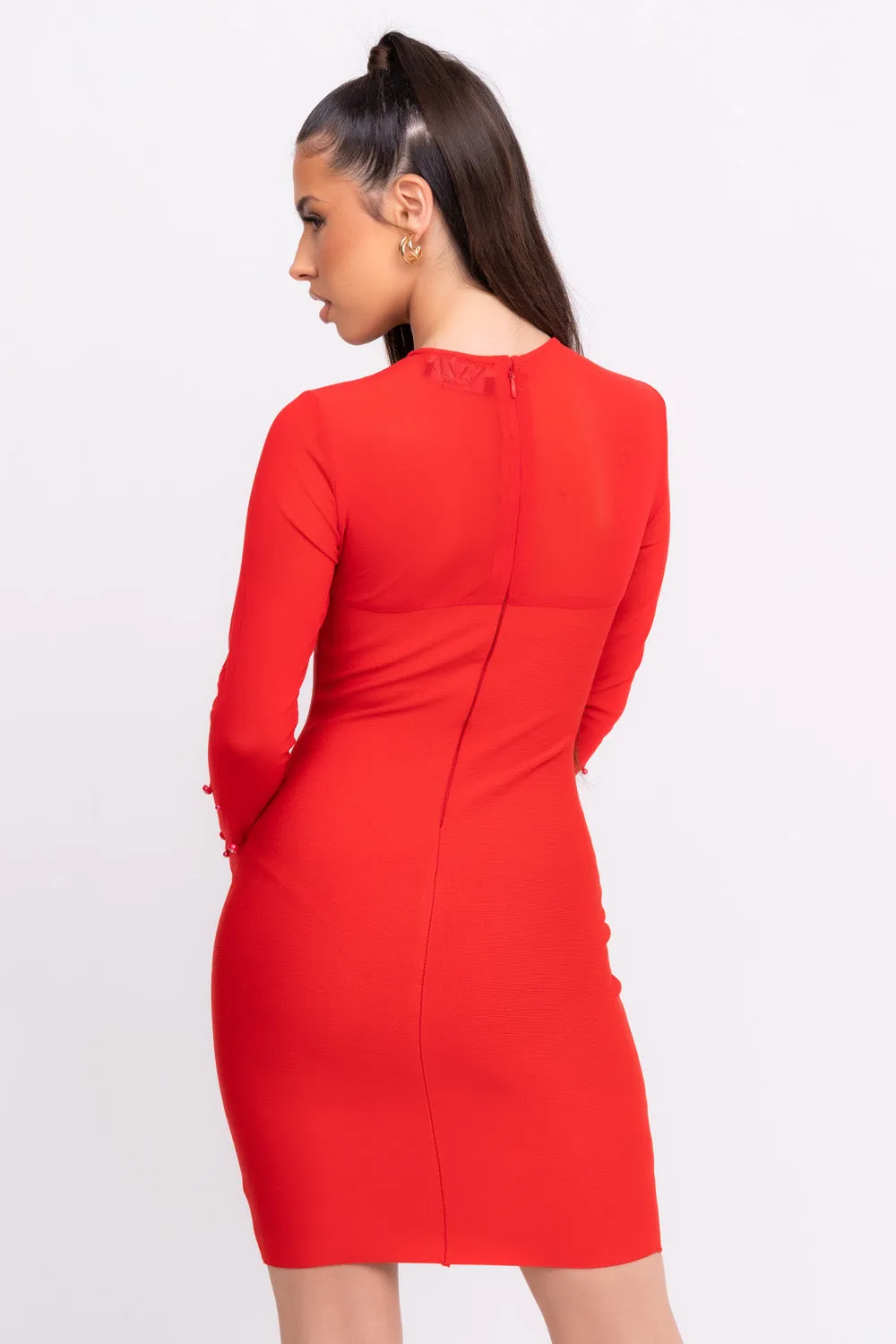 Liberty VIP Luxe Red Sheer Neckline Diamante Rhinestone Bust Bandage Long-sleeve Bodycon Dress