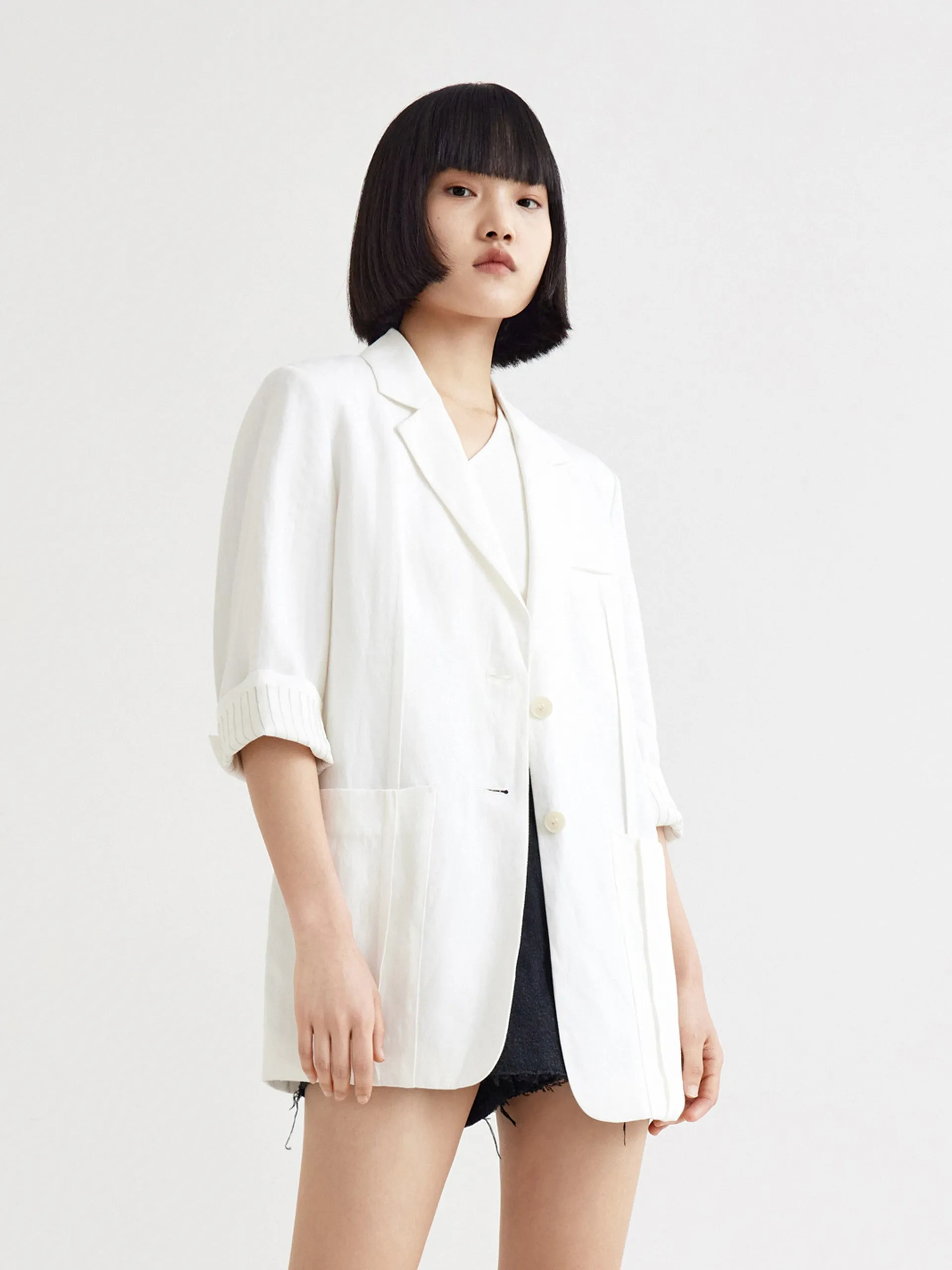 Linen Blend Midi Sleeved Blazer