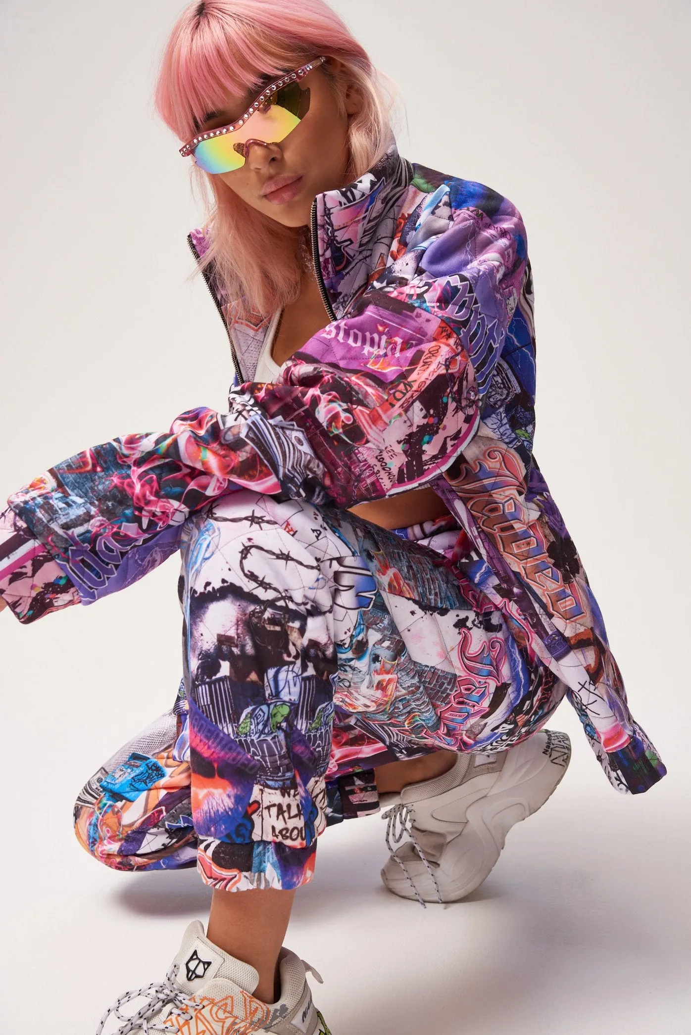 Lips Collage Print Quilted Jacket