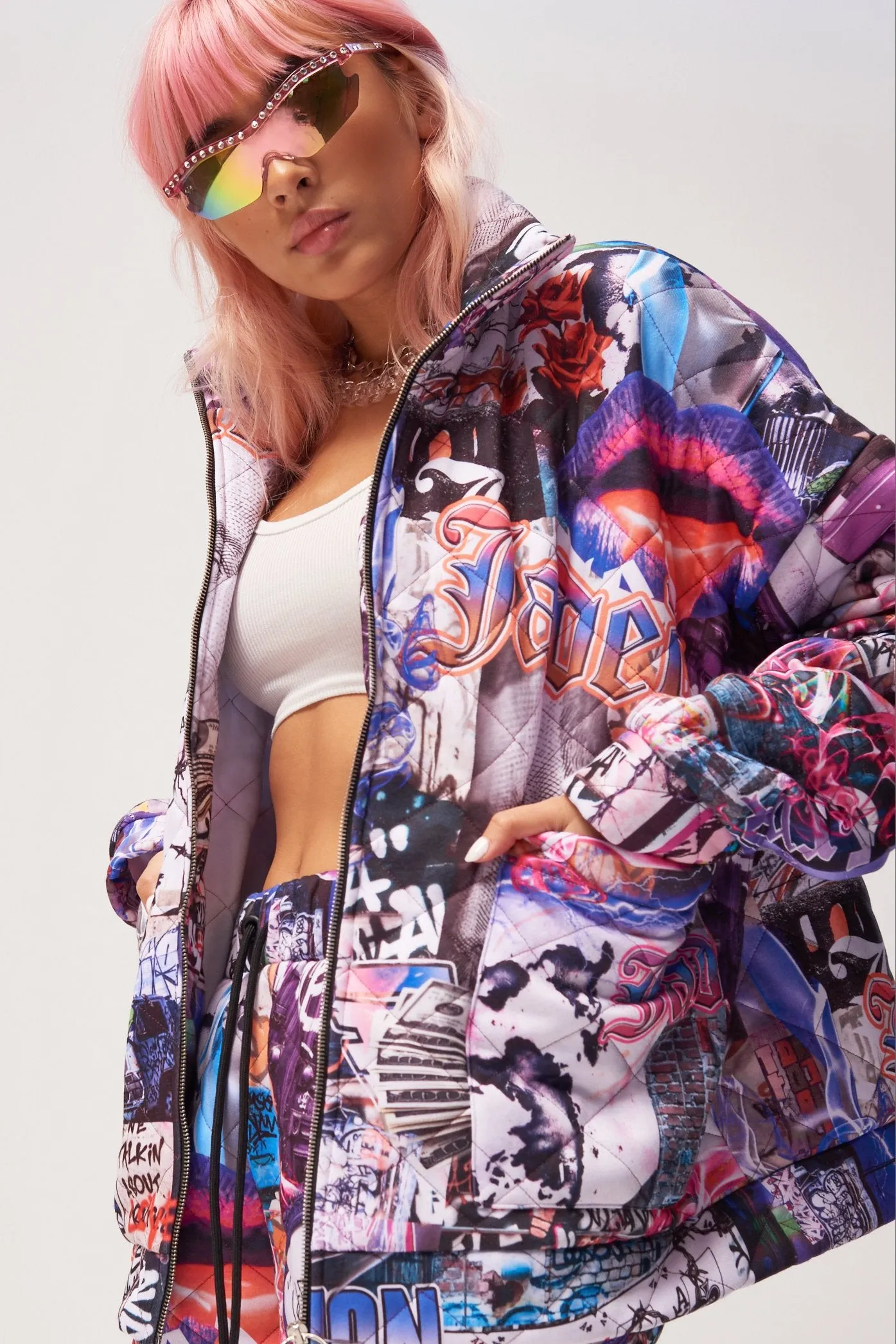 Lips Collage Print Quilted Jacket