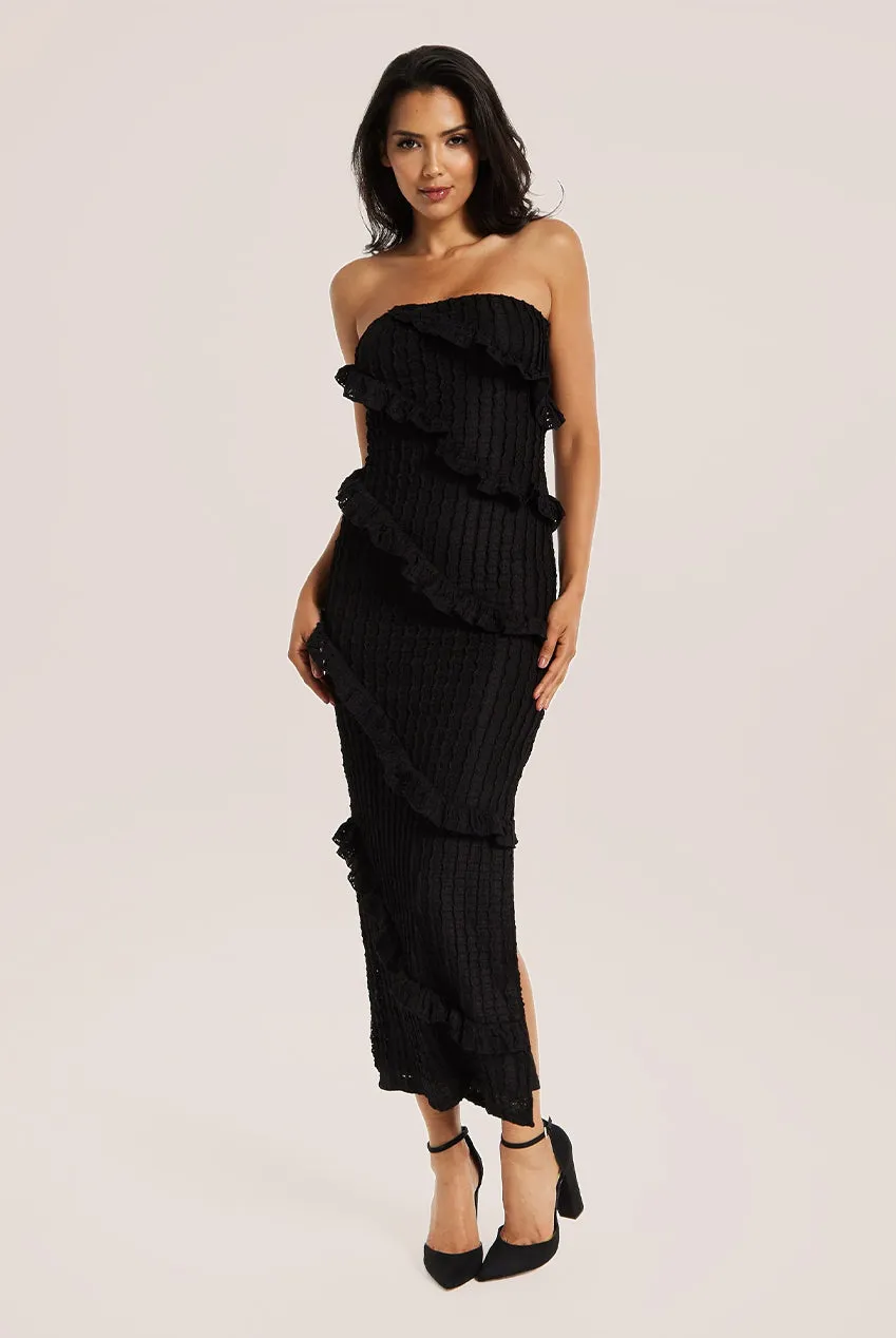 Liquorish Diagonal Frilled Slit Detail Jersey Dress In Black