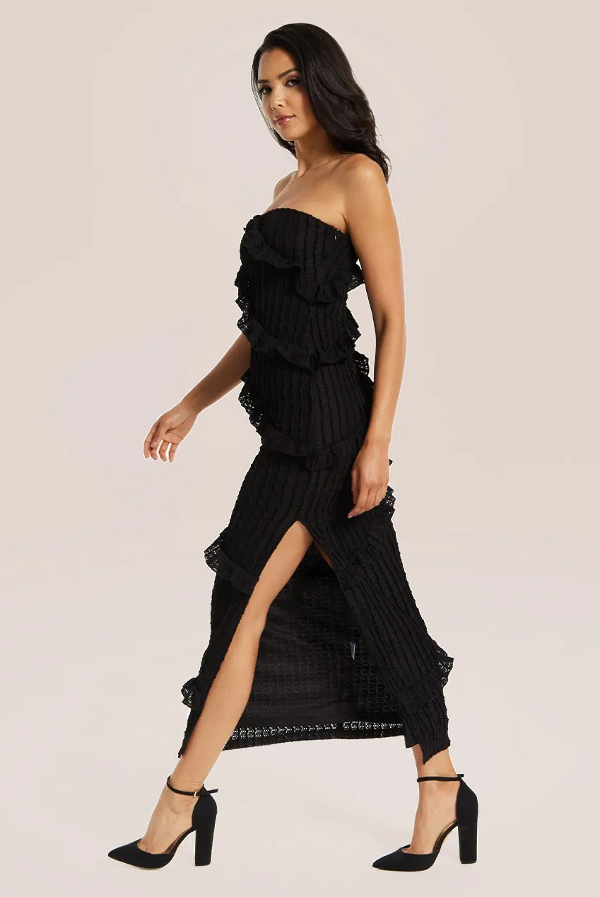 Liquorish Diagonal Frilled Slit Detail Jersey Dress In Black