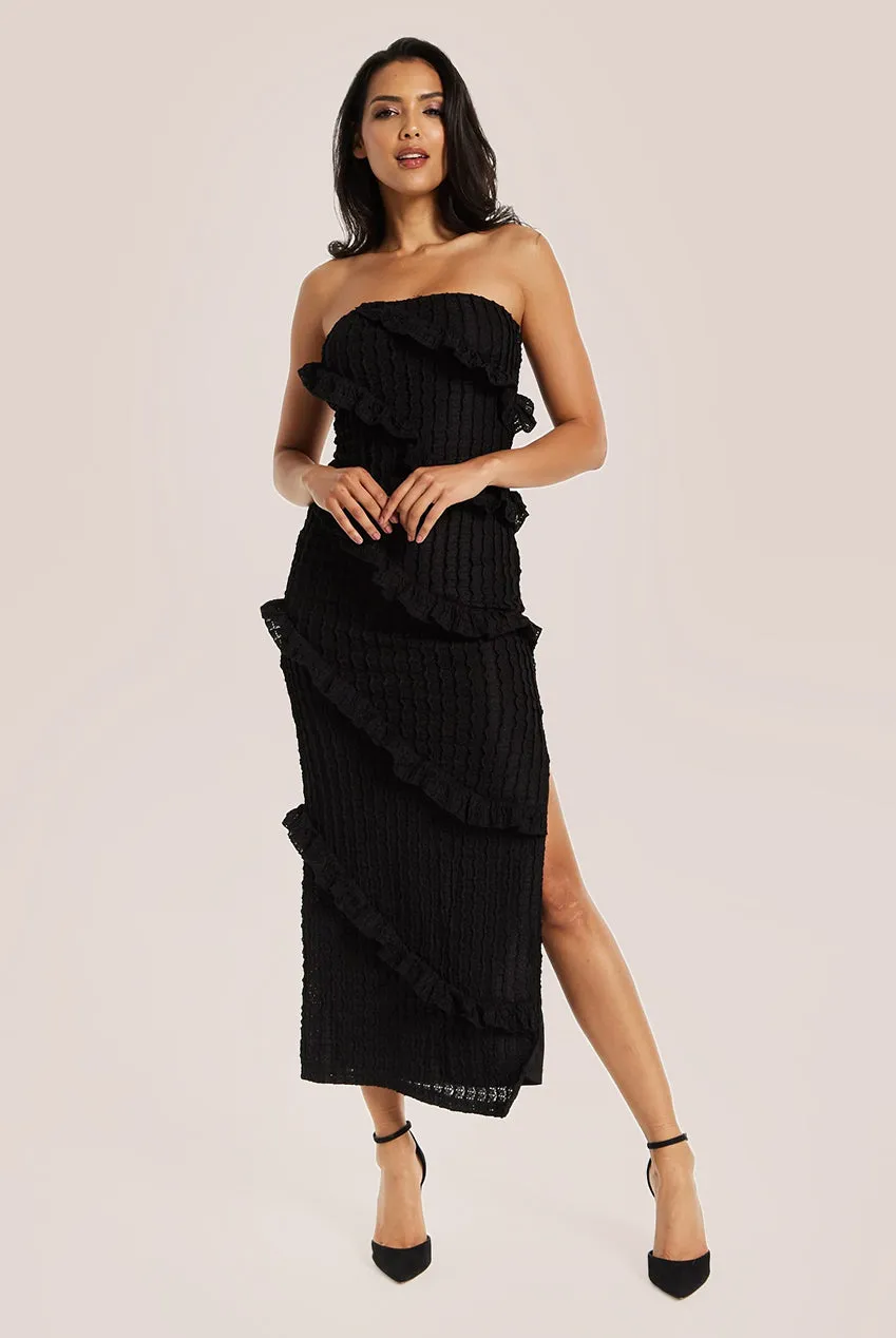 Liquorish Diagonal Frilled Slit Detail Jersey Dress In Black