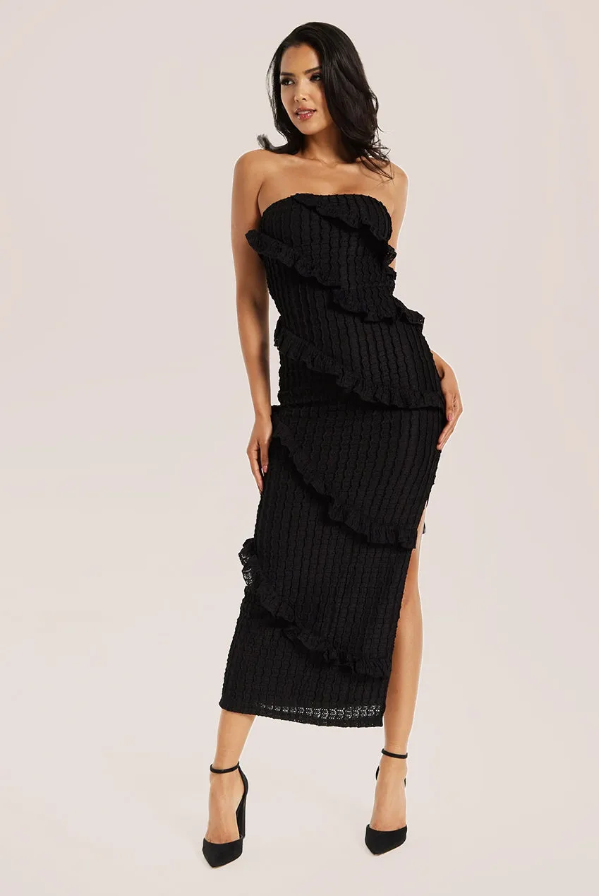 Liquorish Diagonal Frilled Slit Detail Jersey Dress In Black