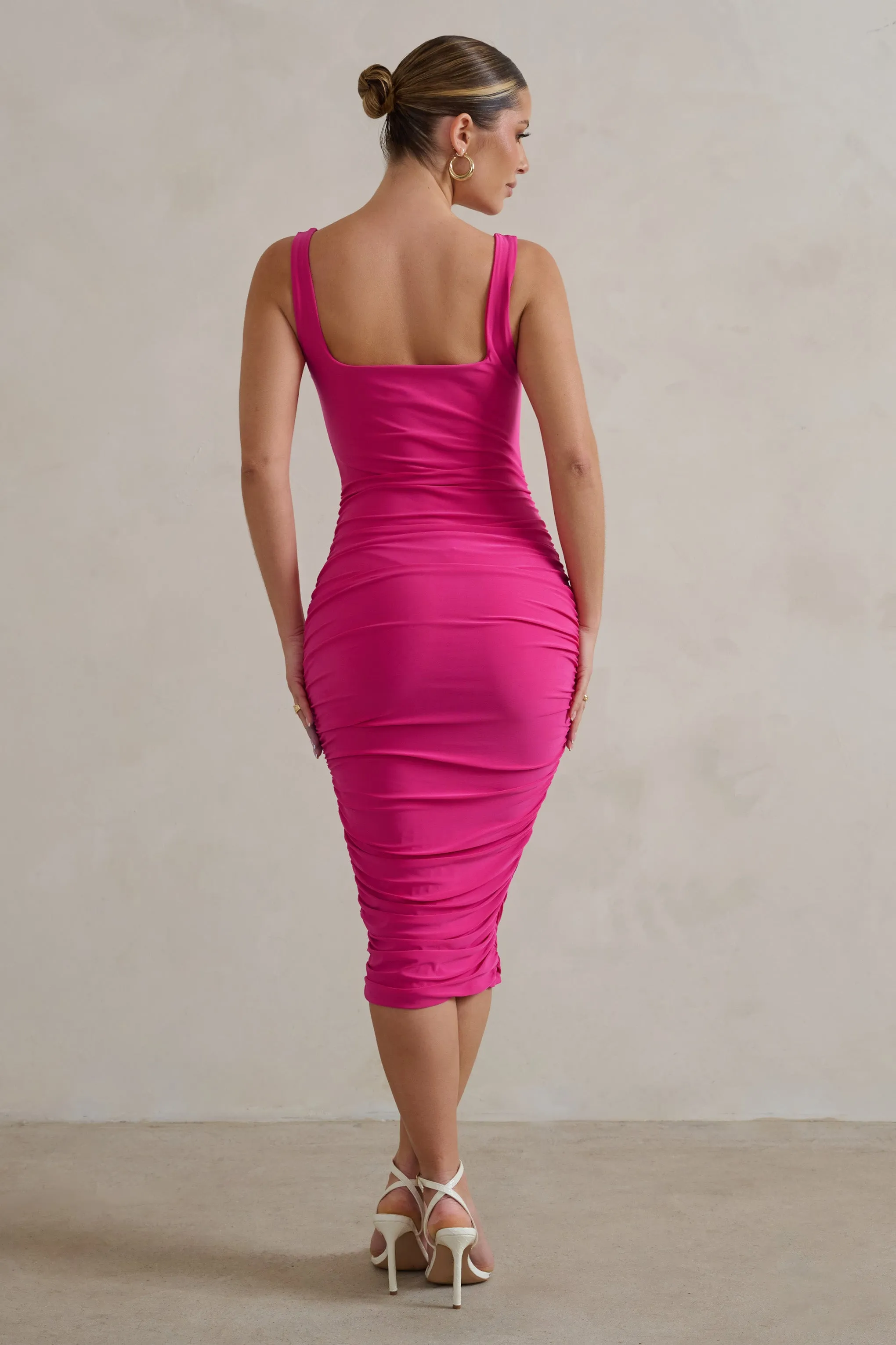 Lisbon | Hot Pink Square Neck Ruched Midi Dress