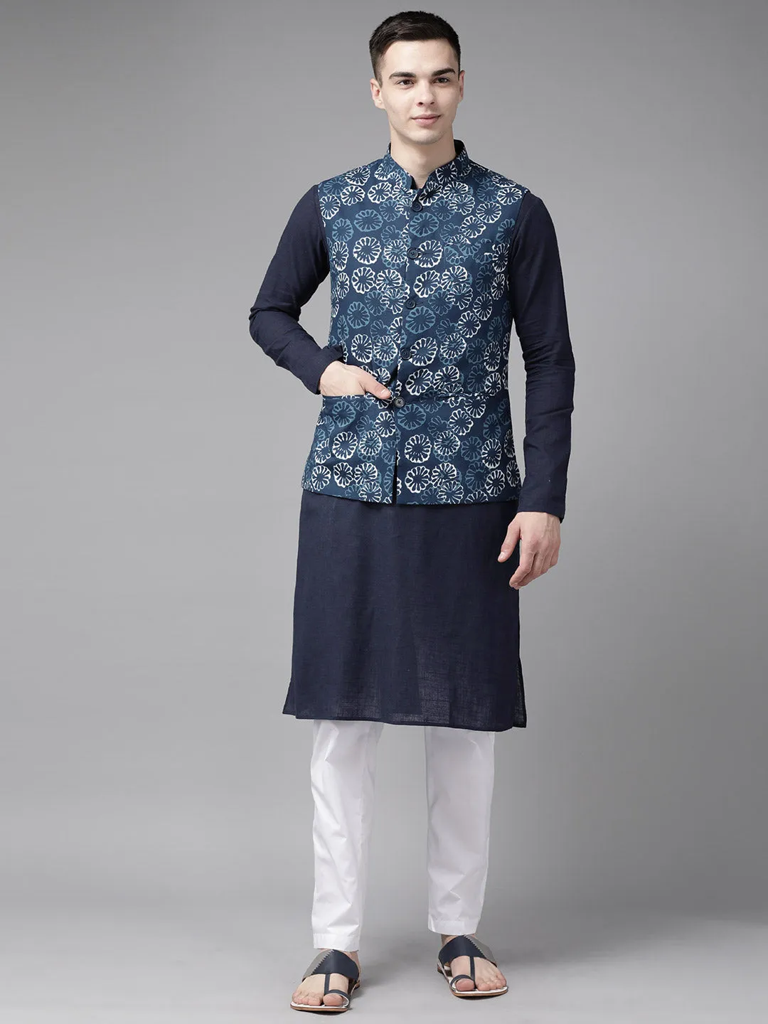 Men Blue & Beige Printed Pure Cotton Neharu Jacket