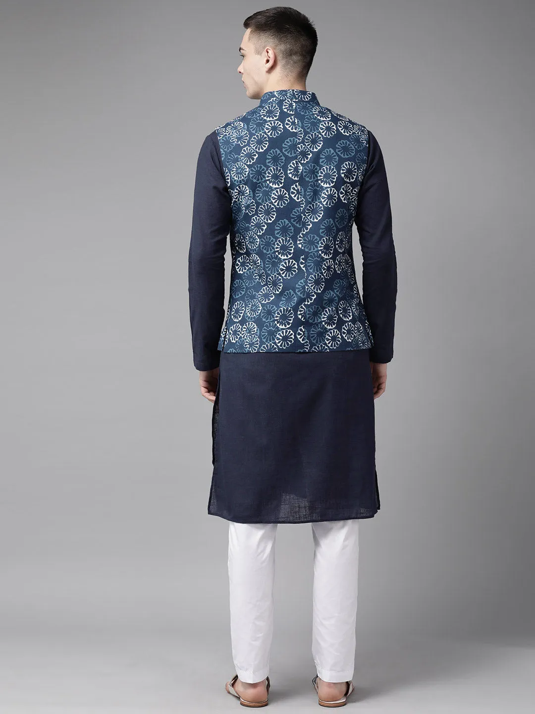 Men Blue & Beige Printed Pure Cotton Neharu Jacket