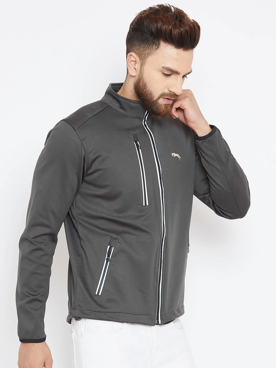 Men Charcoal Solid Sporty Jacket