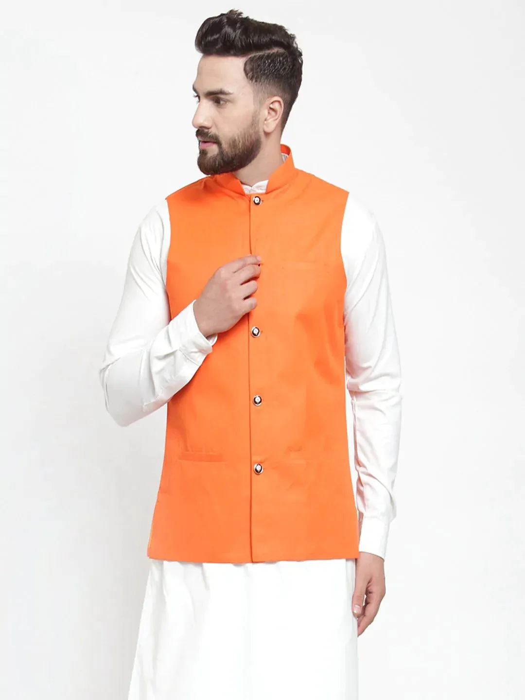 Men Orange Solid Nehru Jacket