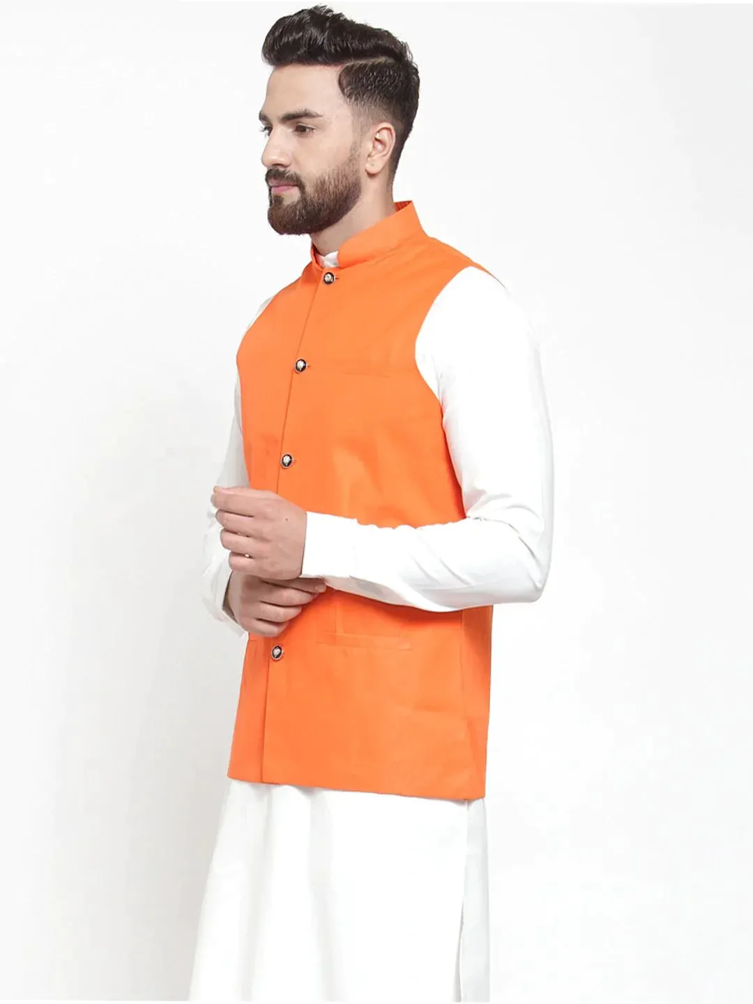 Men Orange Solid Nehru Jacket