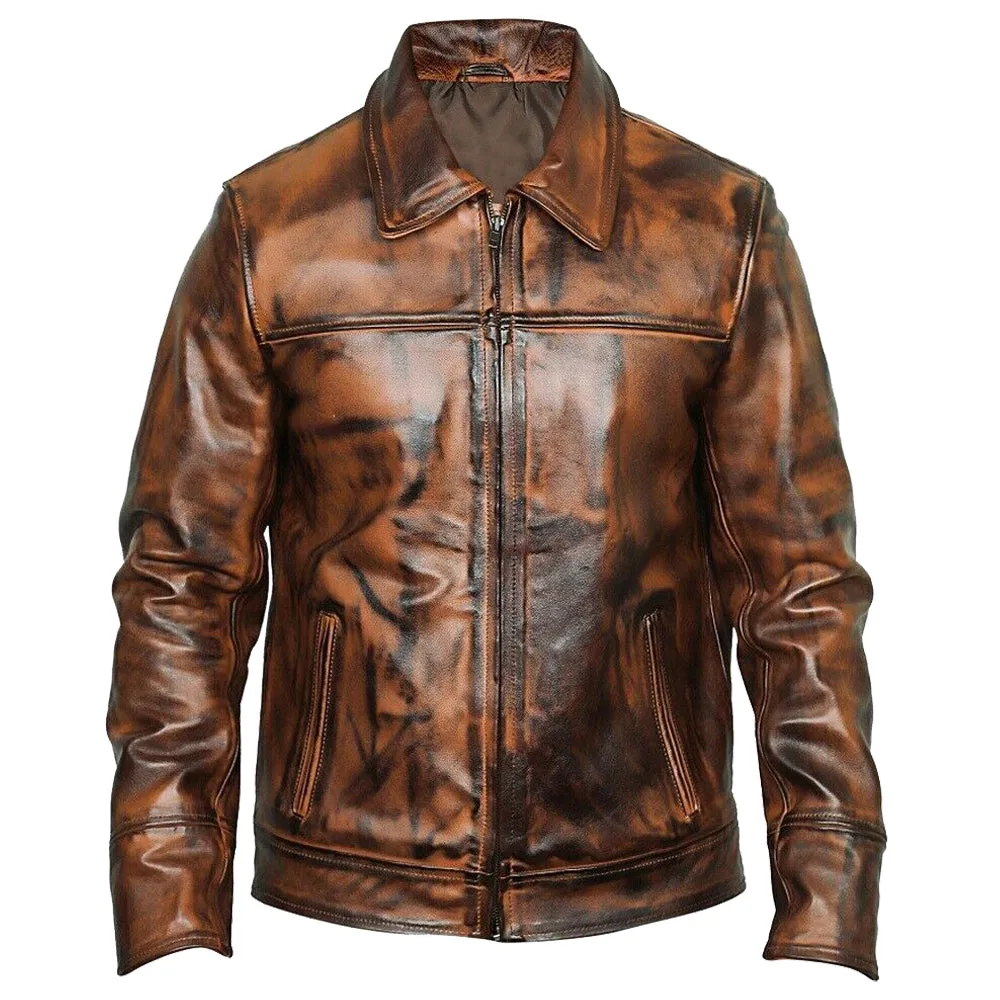 Men Vintage Biker Vax Genuine Leather Jacket