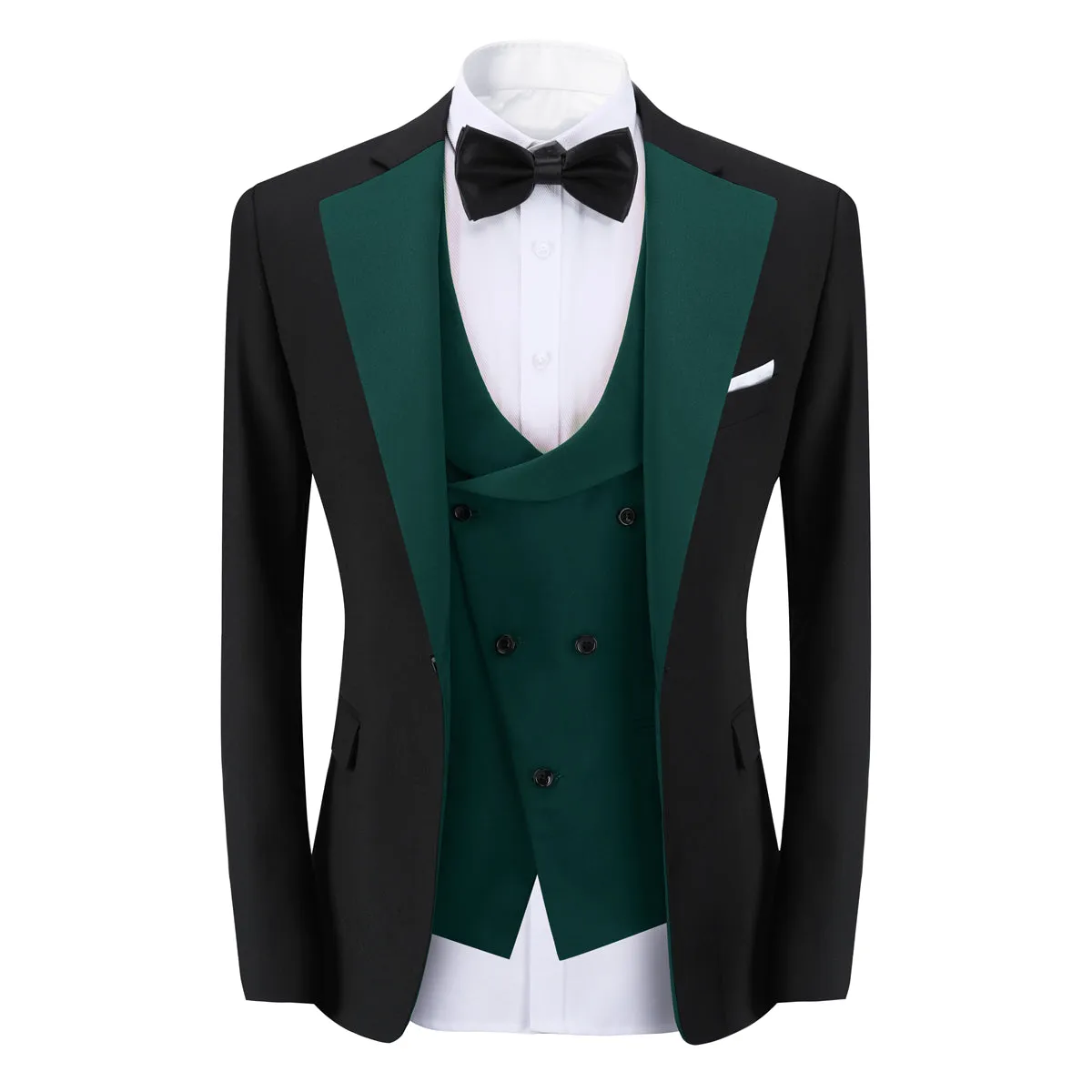 Men's 3-Piece Fashion One Button Color-Blocking Suit Dark Green