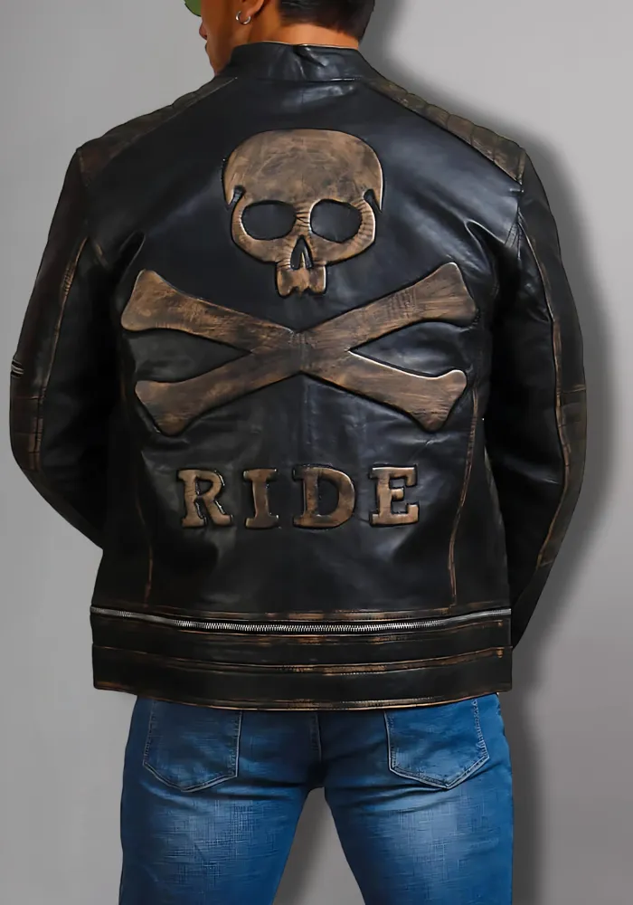 Men’s Biker Vintage Black Retro Rider Leather Jacket With Skull