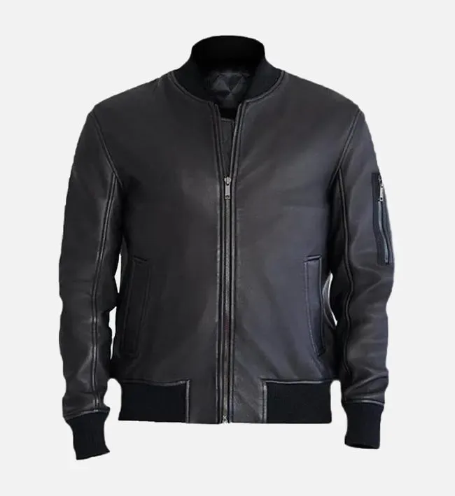 Men's Black Leather Bomber Jacket