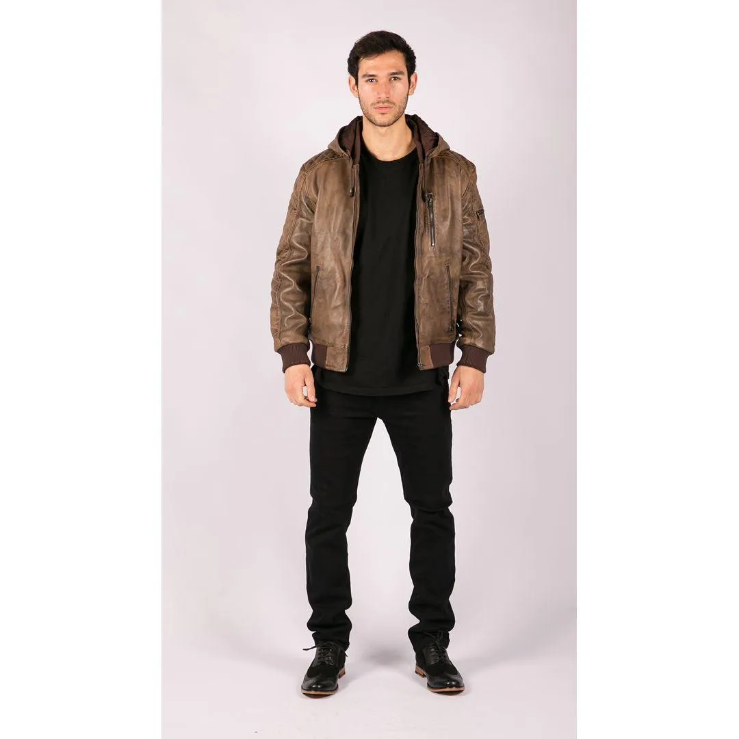 Mens Brown Washed Distressed Removable Hood Bomber Leather Jacket Quilted