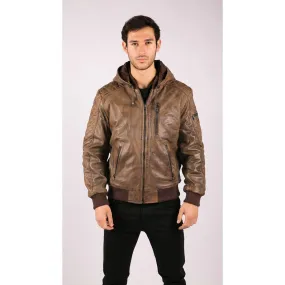 Mens Brown Washed Distressed Removable Hood Bomber Leather Jacket Quilted