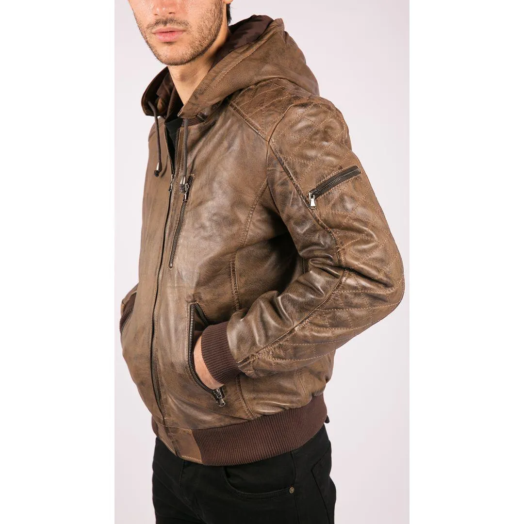 Mens Brown Washed Distressed Removable Hood Bomber Leather Jacket Quilted