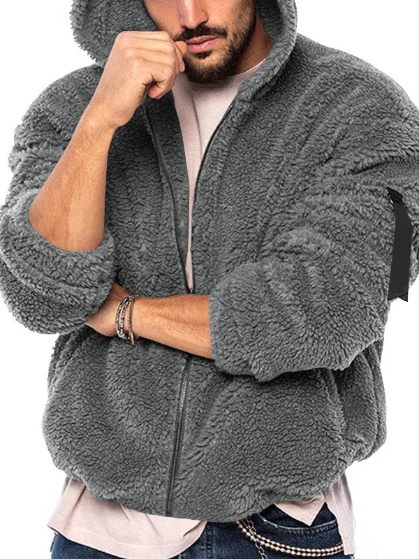 Men's Double-sided Arctic Fleece Hooded Solid Color Casual Zipper Jacket