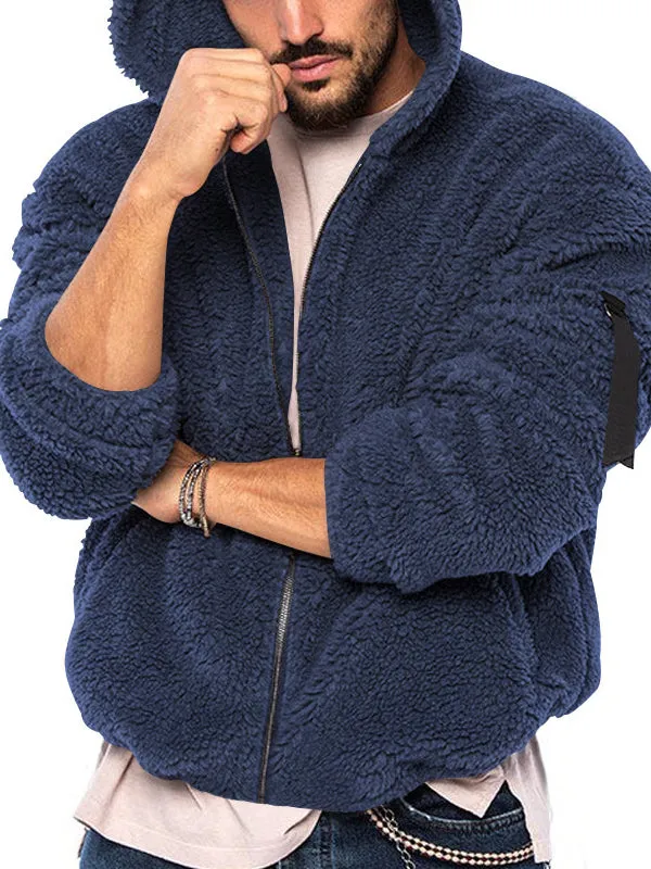 Men's Double-sided Arctic Fleece Hooded Solid Color Casual Zipper Jacket