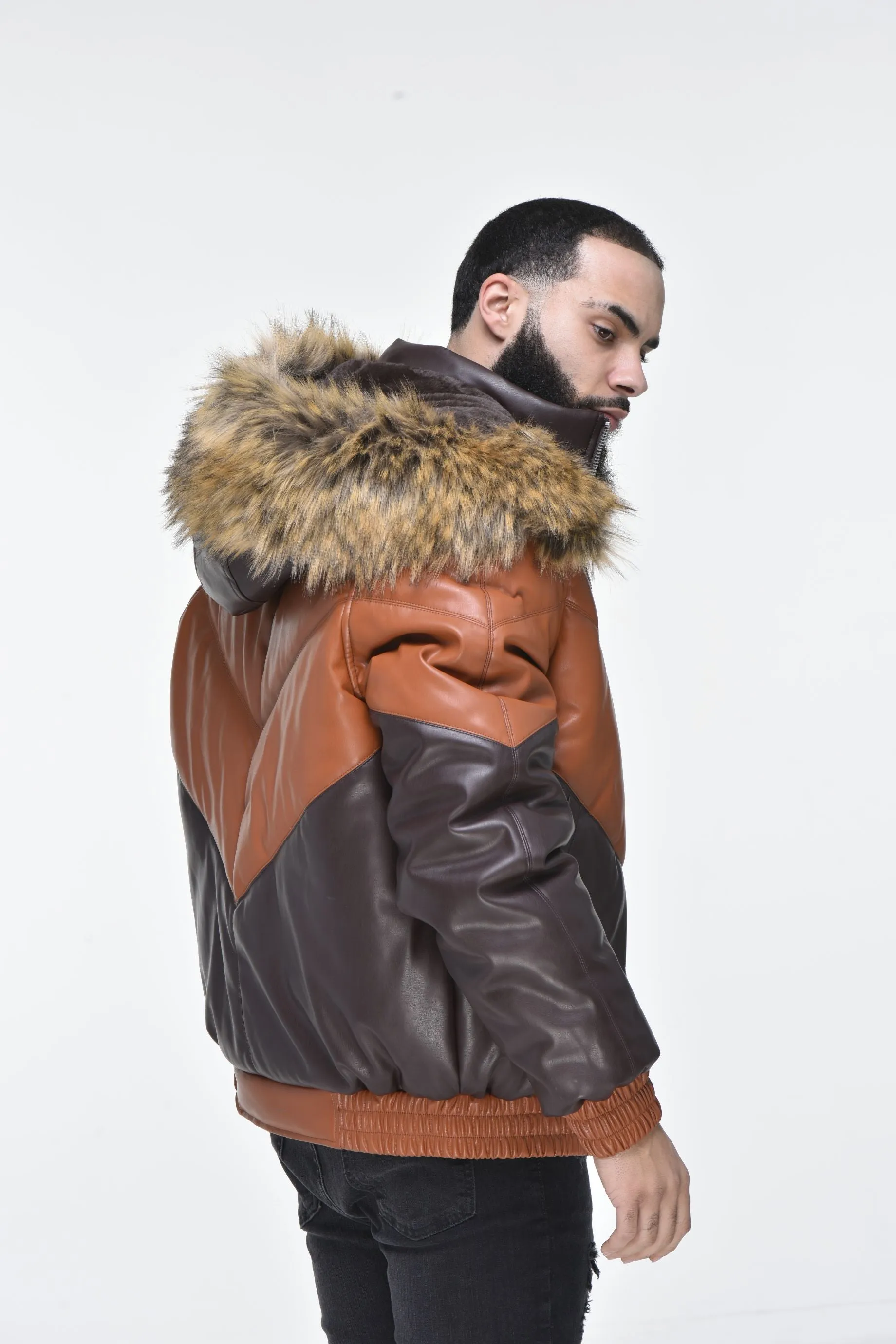 Men’s Faux Leather V Bomber Jacket with Detachable Faux Fur Hood - Cognac