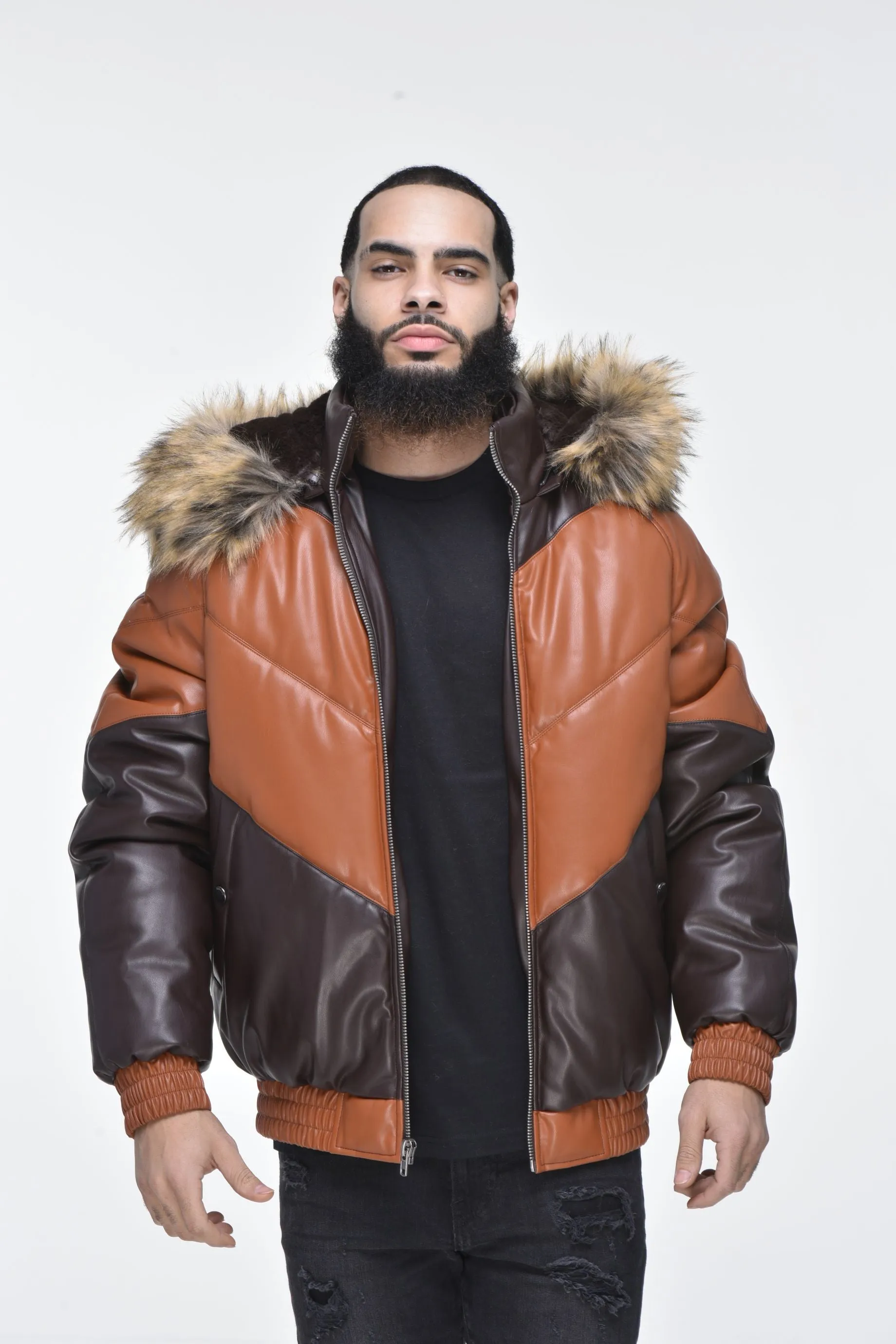 Men’s Faux Leather V Bomber Jacket with Detachable Faux Fur Hood - Cognac