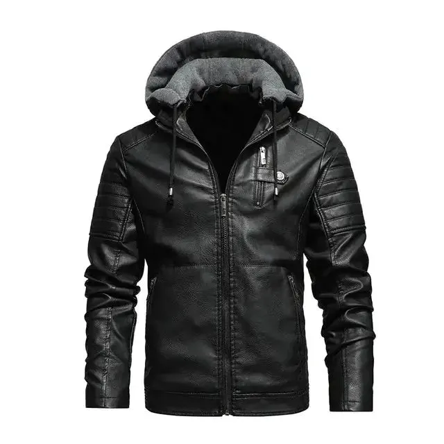 Men's Hooded Leather Windbreaker Jacket