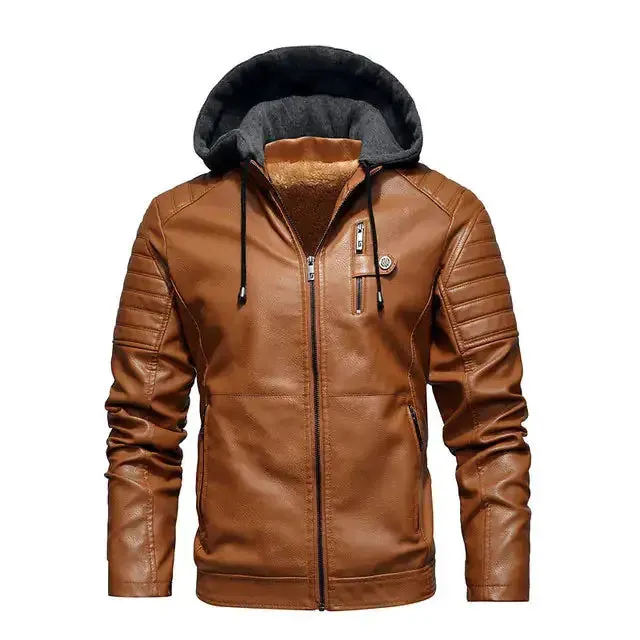 Men's Hooded Leather Windbreaker Jacket