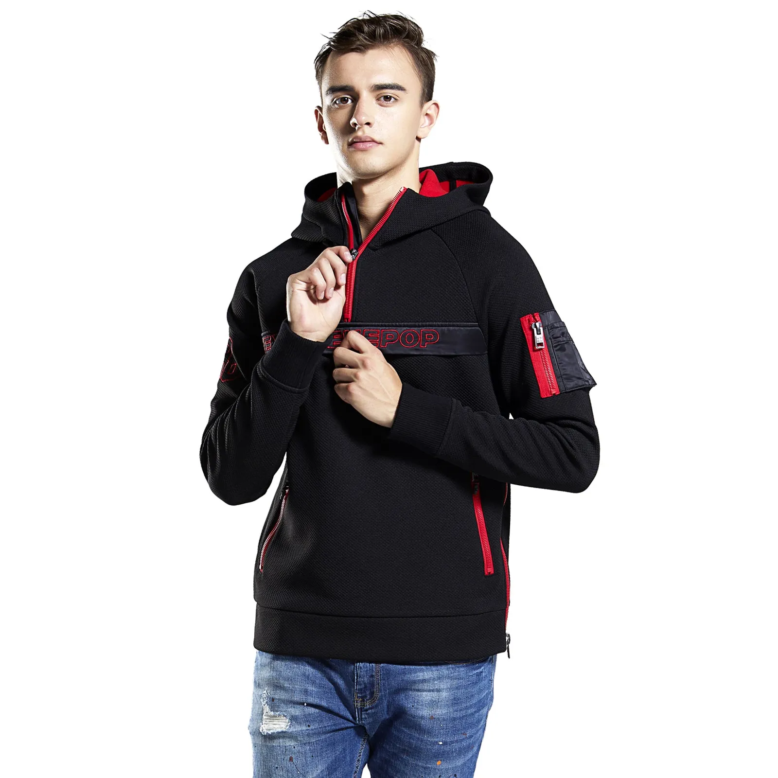 Mens hoodie Half-zip Mesh Fabric Sweatshirt fleece