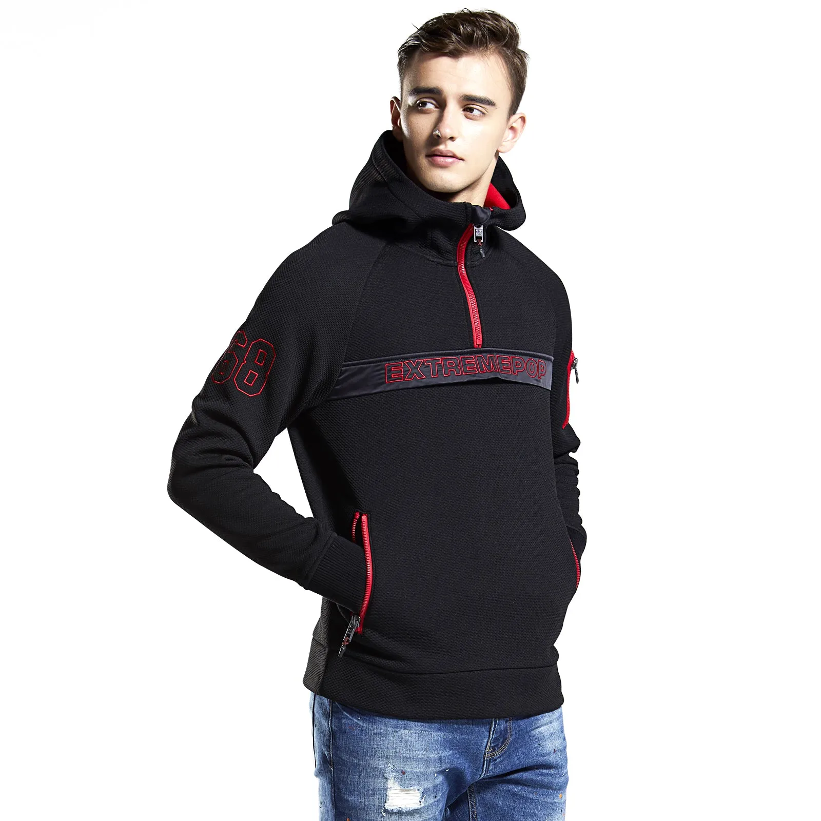 Mens hoodie Half-zip Mesh Fabric Sweatshirt fleece