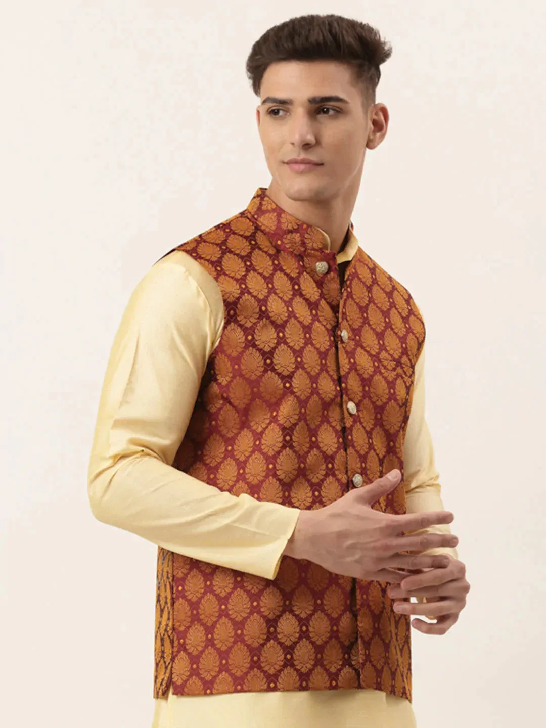 Men'S Maroon Self-Designed Waistcoat