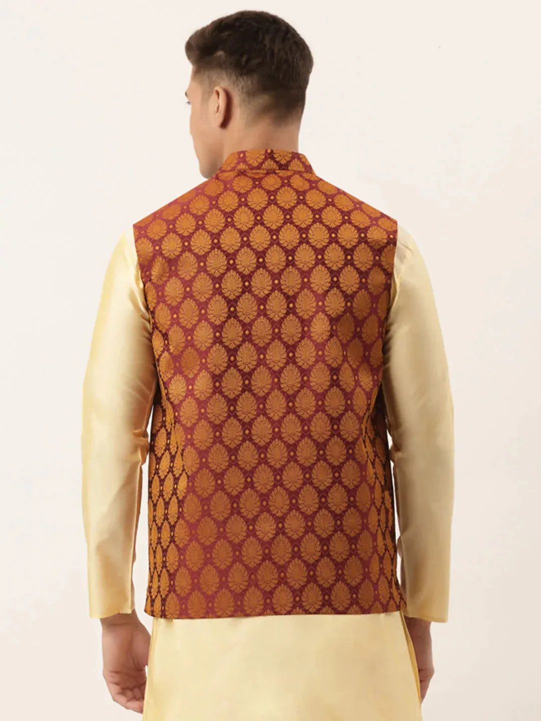 Men'S Maroon Self-Designed Waistcoat