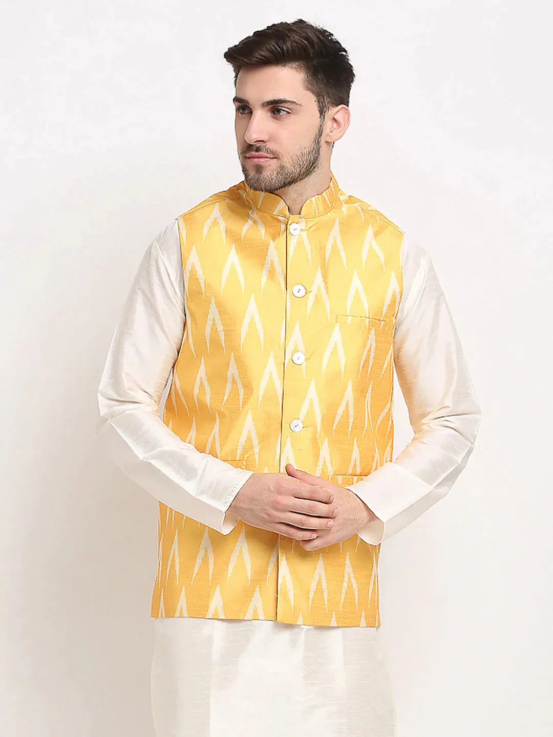 Men'S Mustard Ikat Printed Nehru Jacket