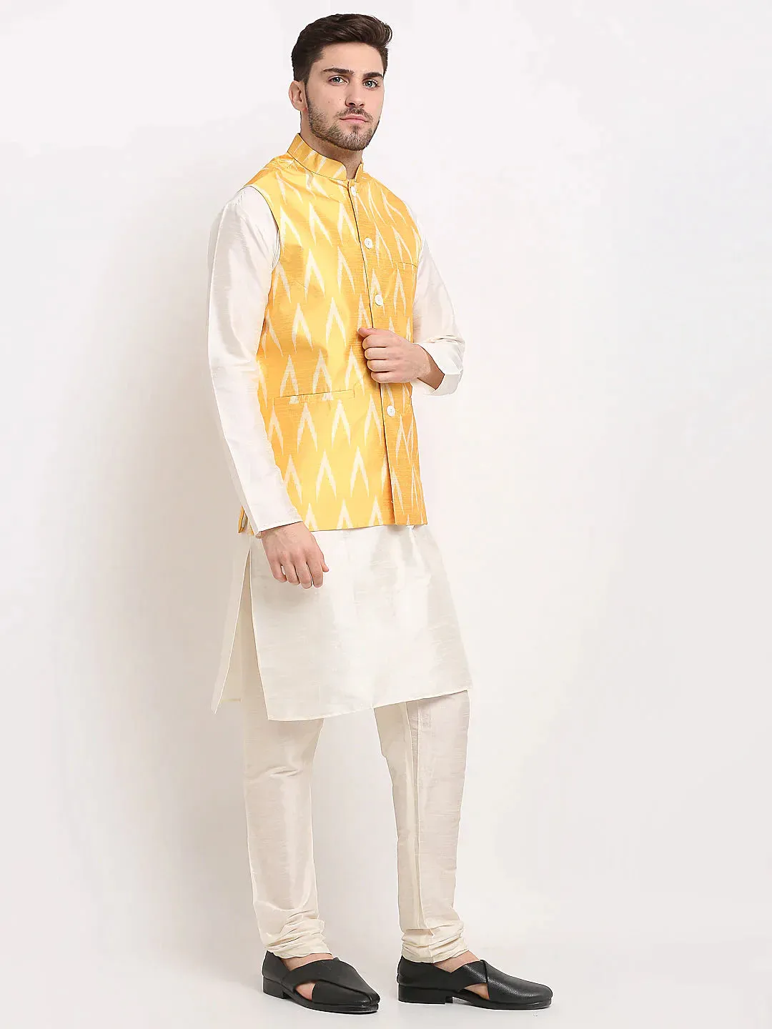 Men'S Mustard Ikat Printed Nehru Jacket