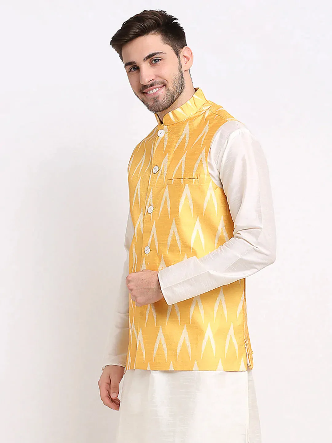 Men'S Mustard Ikat Printed Nehru Jacket