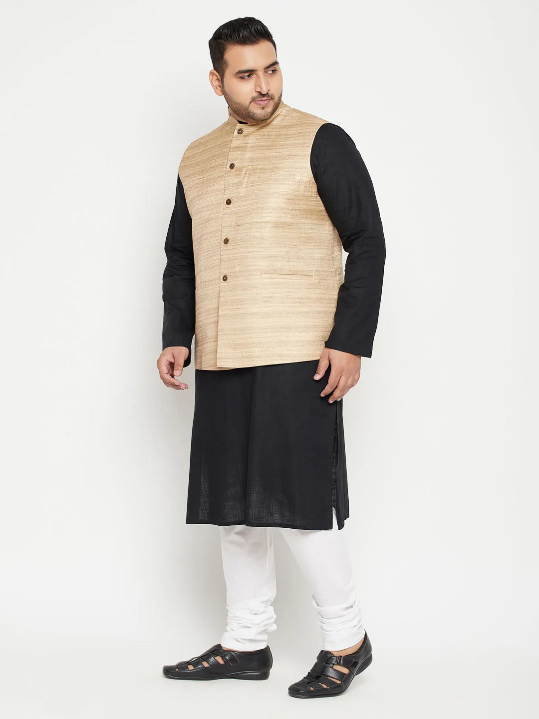 Men's Plus Black, Beige And White Cotton Blend Jacket Kurta Pyjama Set - Vastramay