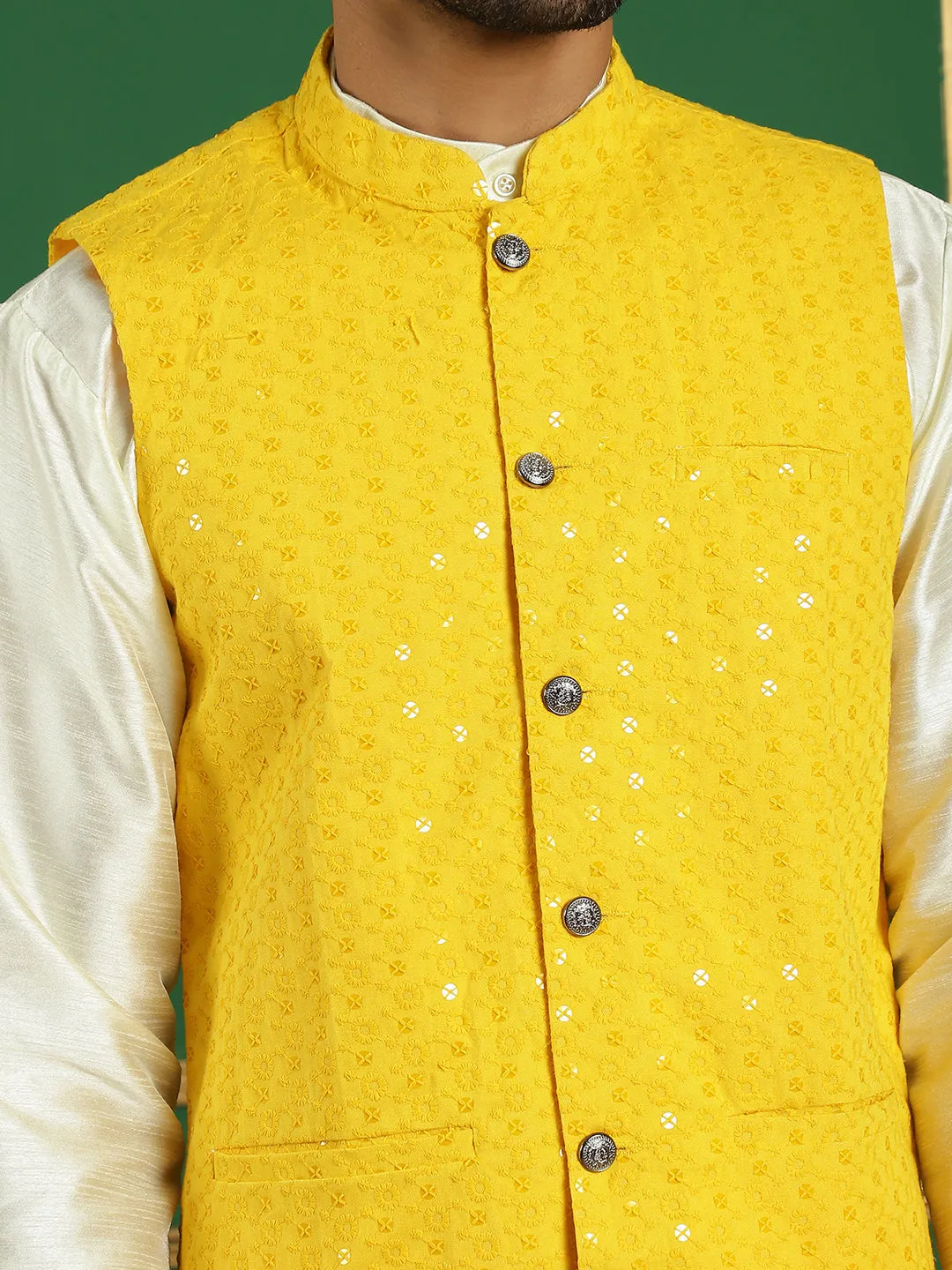 Men'S Yellow Sequins And Embroidered Nehru Jacket