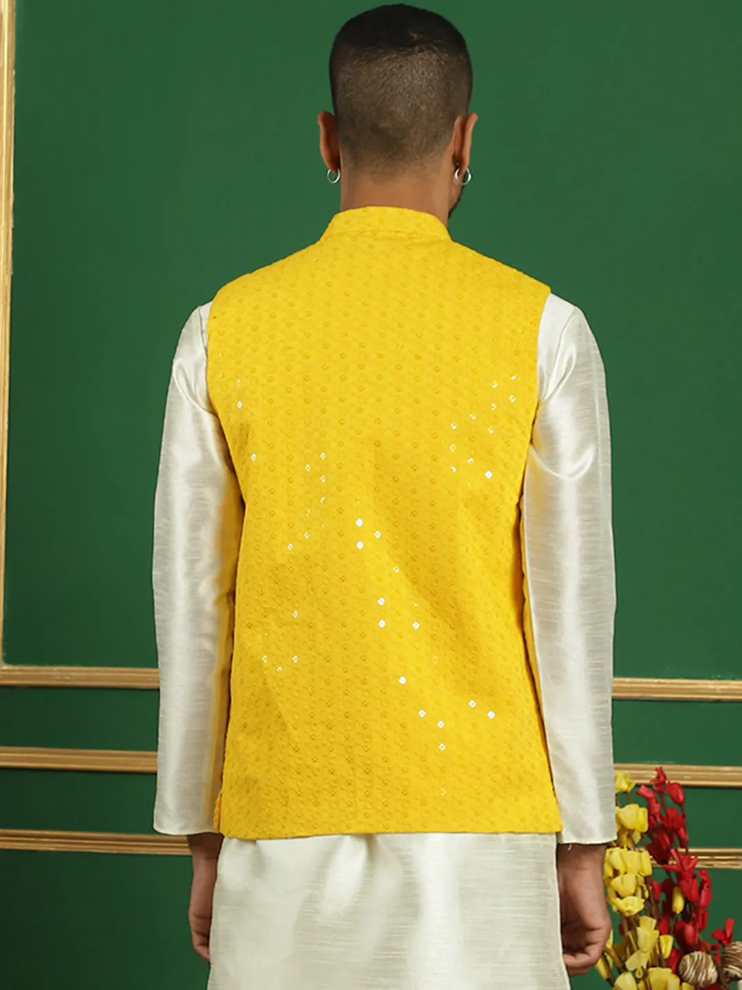 Men'S Yellow Sequins And Embroidered Nehru Jacket