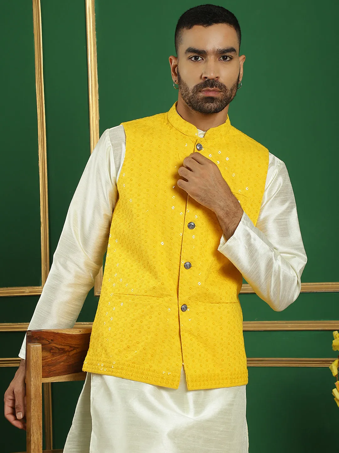 Men'S Yellow Sequins And Embroidered Nehru Jacket