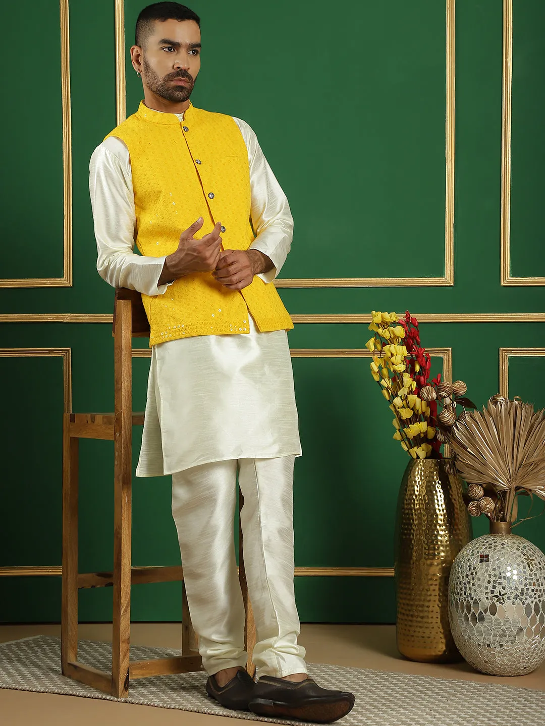 Men'S Yellow Sequins And Embroidered Nehru Jacket